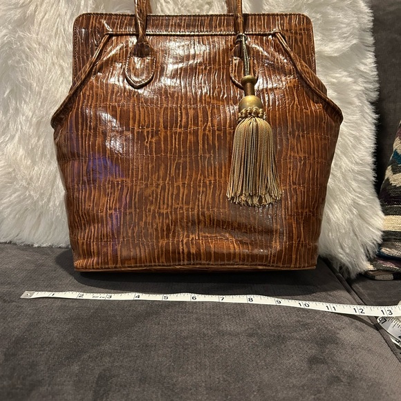 Sondra Roberts Elegant Brown Reptile Satchel Bag Double Strap Metallic Tassel - Picture 7 of 12